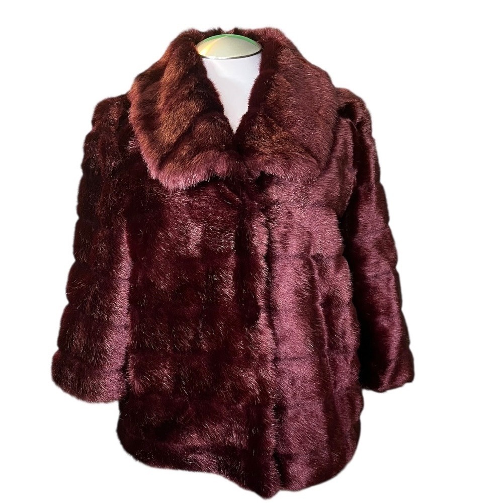 Hal Rubenstein Burgundy Faux Fur Tiered Coat Womens XL Wine Red‎ Glam Jacket NEW